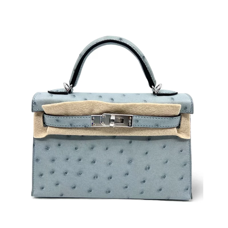 Mini Kelly Autruche Bleu