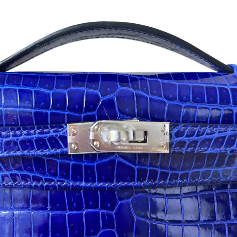 Pochette Mini Kelly Aligator Bleu Electrique PHW – Image 9