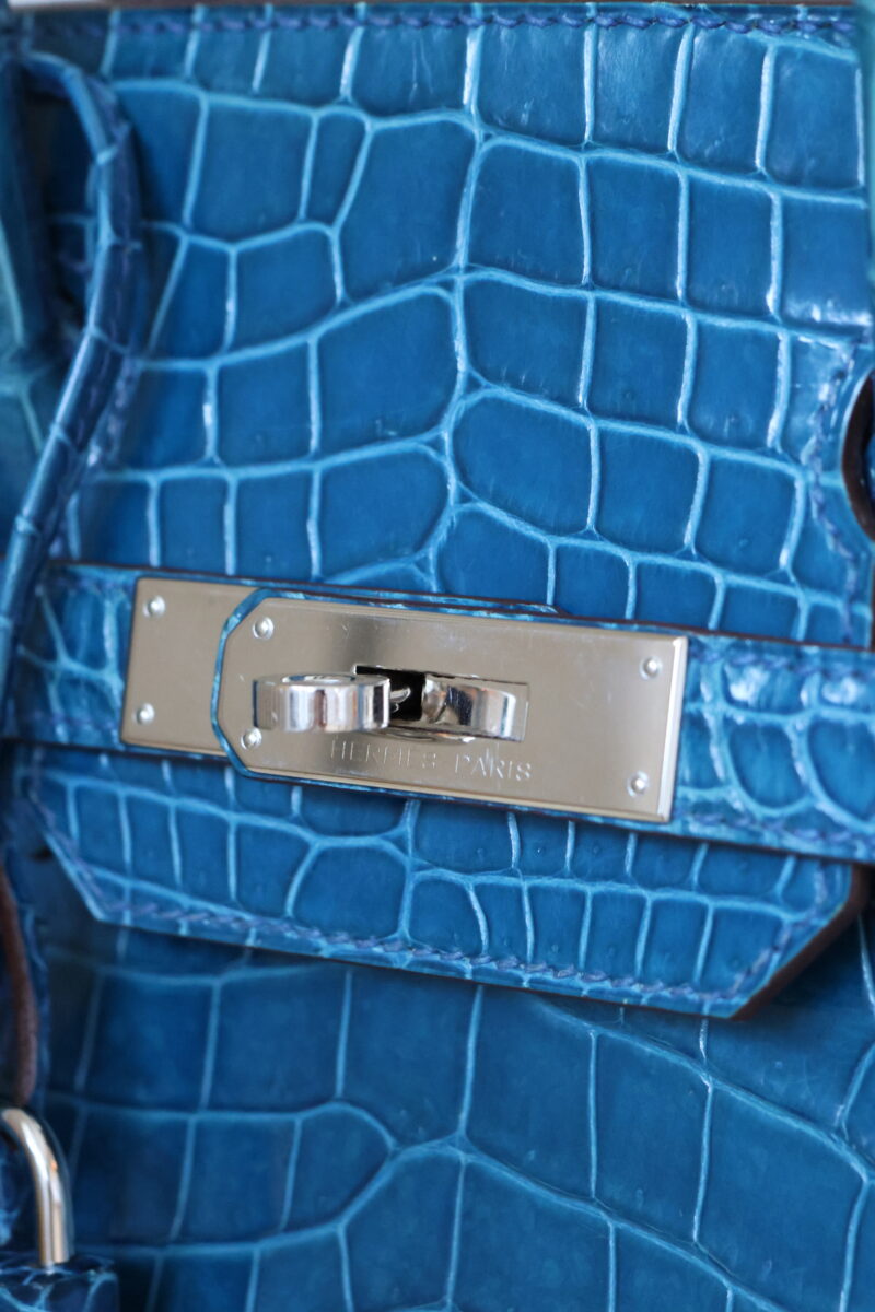 Birkin 30 Bleu Mykonos Crocodile Porosus PHW – Image 12