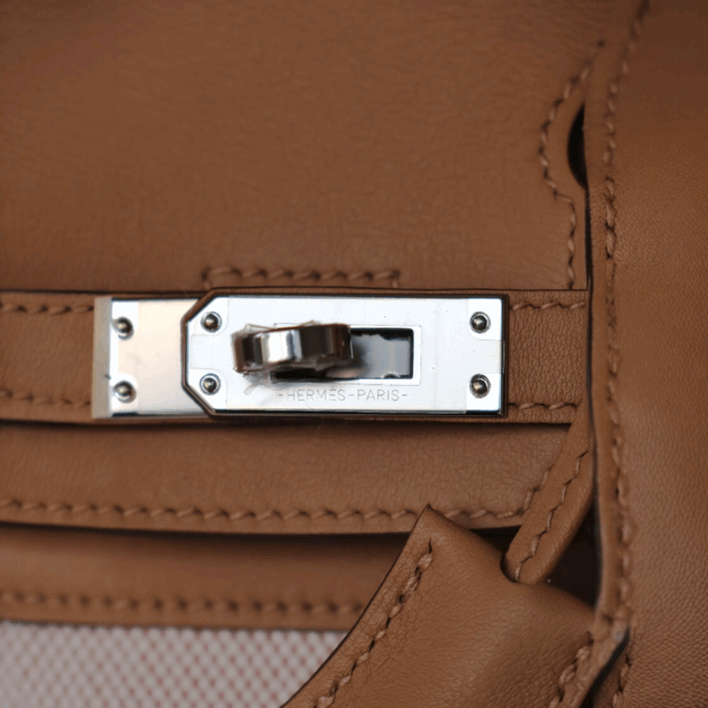 Birkin 25 Toile et Cuir Swift Biscuit PHW – Image 10