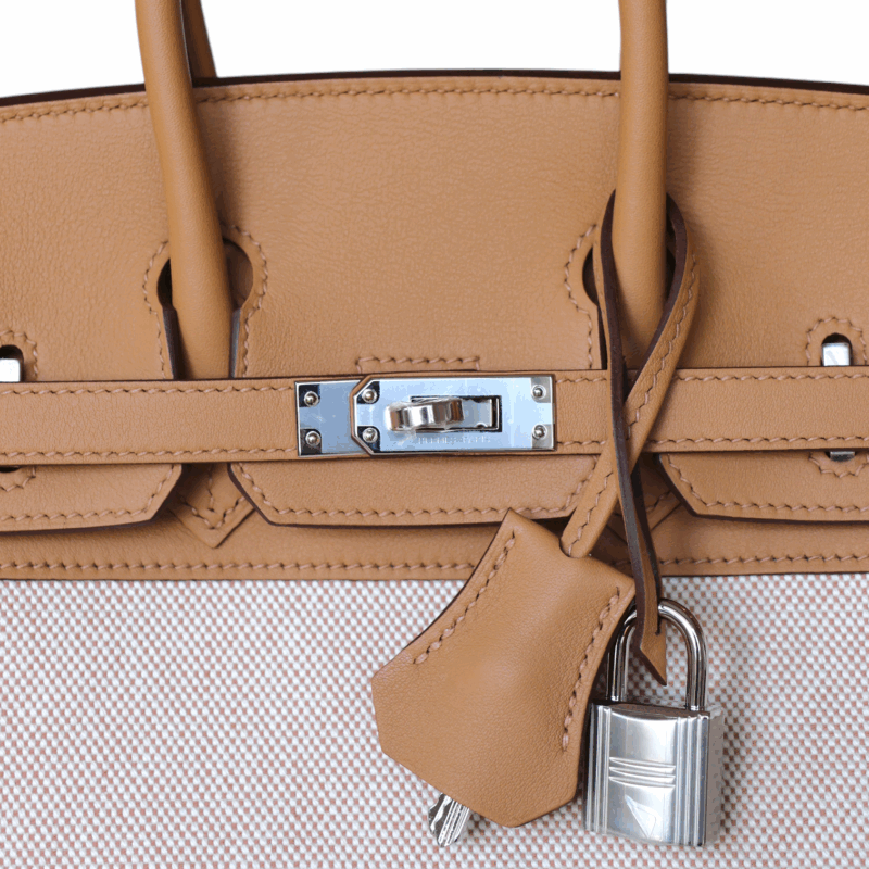 Birkin 25 Toile et Cuir Swift Biscuit PHW – Image 9