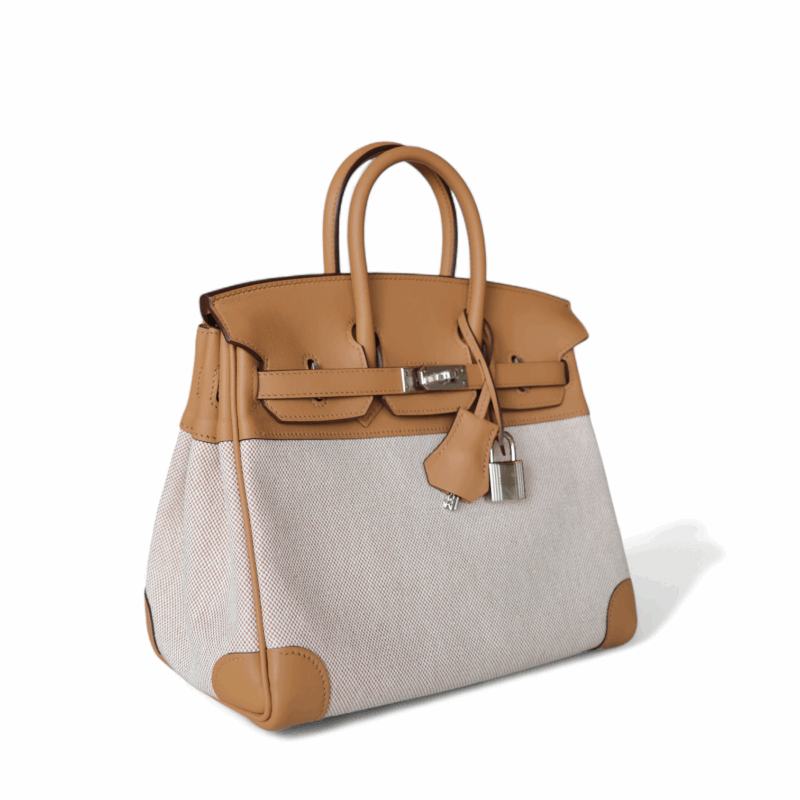 Birkin 25 Toile et Cuir Swift Biscuit PHW – Image 3