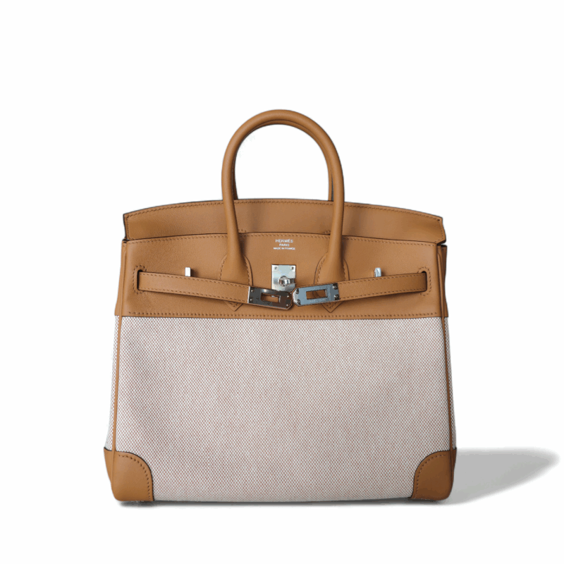 Birkin 25 Toile et Cuir Swift Biscuit PHW – Image 5